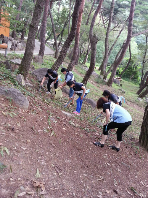 장복산 공원에서 공원주변에 대한 환경정화 하는 장면